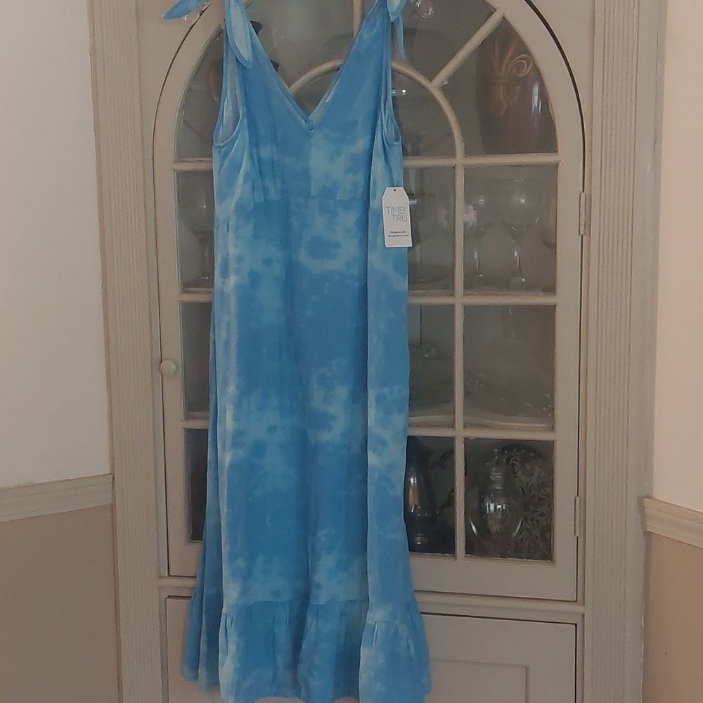 Time And Tru Blue Tie Dye Ruffle Tie Shoulder Midi Dress Sz L - Picture 13 of 17